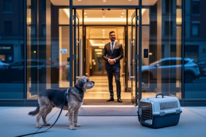 A leashed dog and a cat carrier at a Montreal hotel entrance with warm, inviting lobby lighting in the background