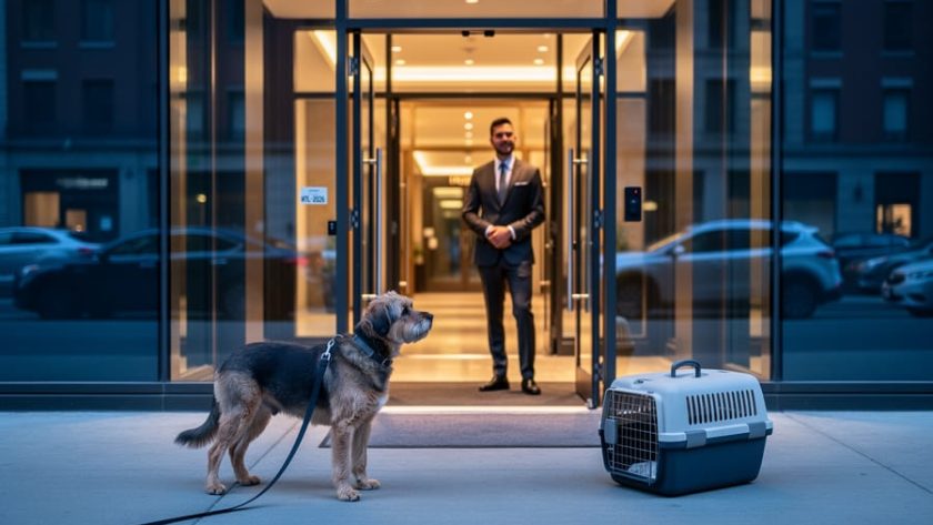 A leashed dog and a cat carrier at a Montreal hotel entrance with warm, inviting lobby lighting in the background