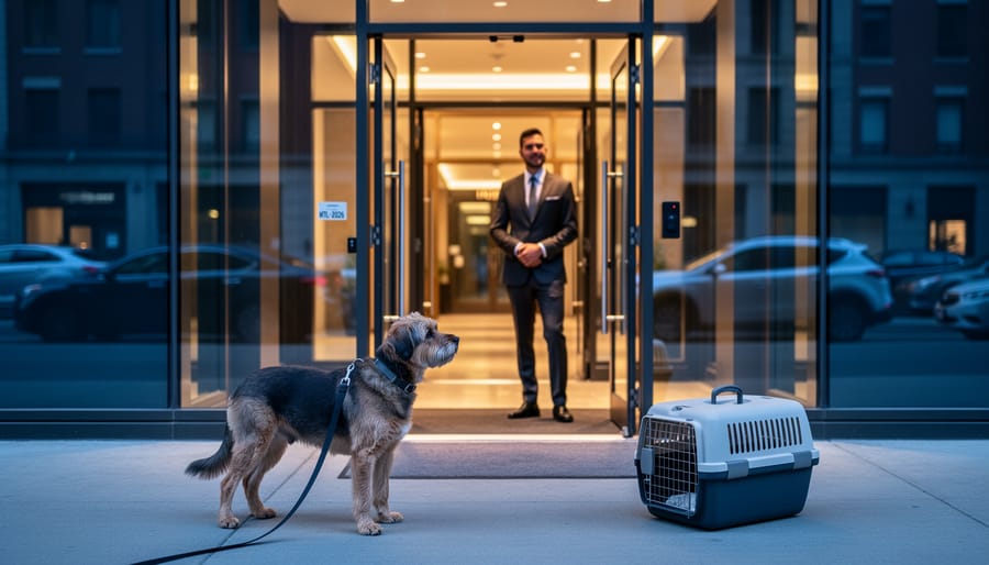 A leashed dog and a cat carrier at a Montreal hotel entrance with warm, inviting lobby lighting in the background