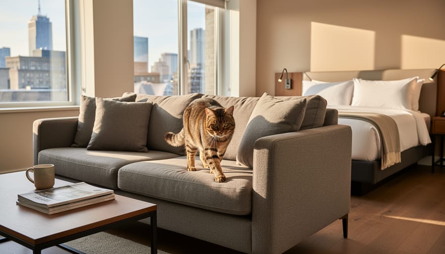 Cat in carrier near an open doorway at Le Square Phillips Hotel & Suites
