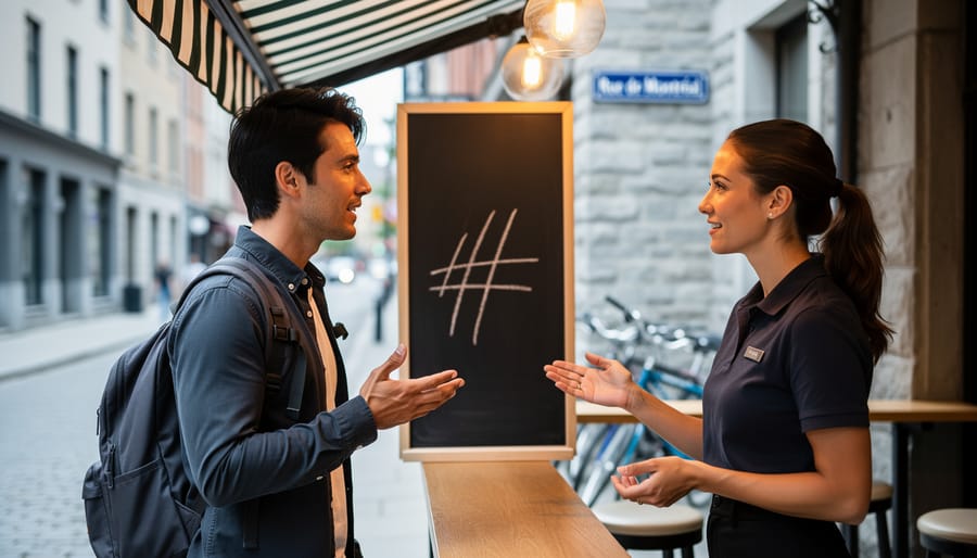Visitor speaking with a café server at a Montreal outdoor street café under an awning, emphasizing respectful local communication.