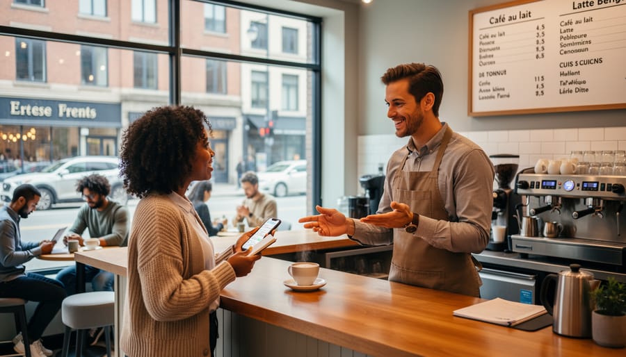 Visitor chatting with a server at a Montreal street café while looking at a menu