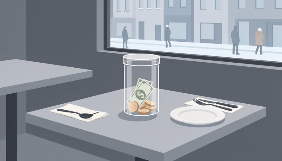 Tip jar on a restaurant table next to a bill folder in a Montreal dining room