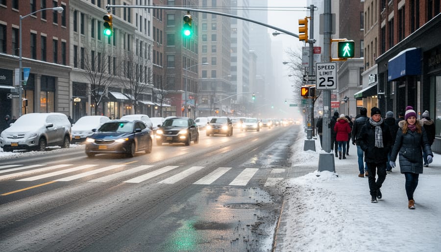 Rental car with visible winter tire near a snowy pedestrian crossing in Montreal